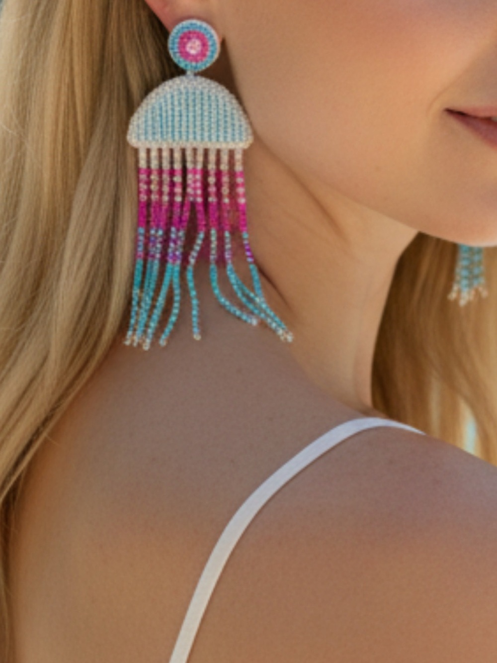 Pastel Colors Beaded Jellyfish Drop Earrings Pink jelly fish Blue sea animal